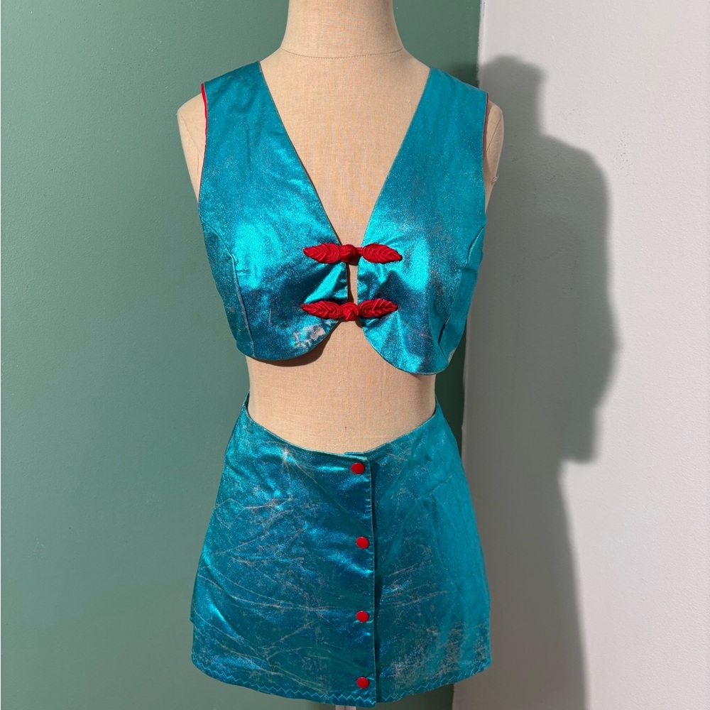 Vintage 1980’s Patricia Fields Metallic Blue Crop Top Miniskirt
